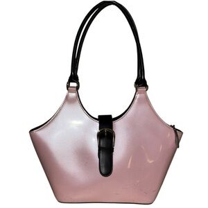 Beijo Frosted Pink Iridescent Patent Tote Black Trim Shoulder Handbag